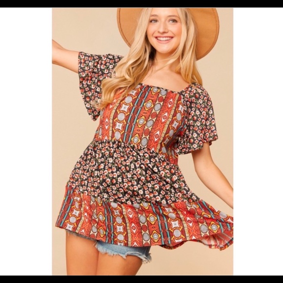 Haptics by Holly Harper Floral print bohemian ethnic print baby doll peplum top - Picture 3 of 9